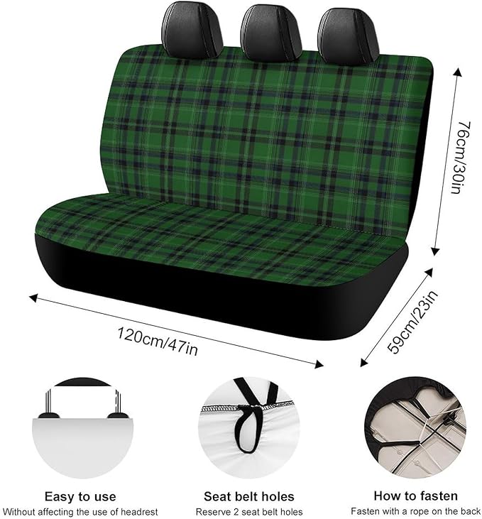 Car Interior Decor Seat Cover, Fashion Universal Stretch Back Seat Protector, Car Accessories Rear Bench Seat Covers for Trucks SUV Compatible with Black Green Scottish Tartan Plaid Art