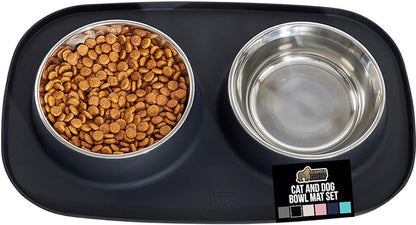 GORILLA GRIP Feeding Mat Bowl Set, 100% Waterproof BPA Free Silicone Base, 304 Stainless Steel Cat and Dog Bowls for Food and Water, Slip Resistant, High Edge, US Designed, Patent Pending, 2 Cup Black