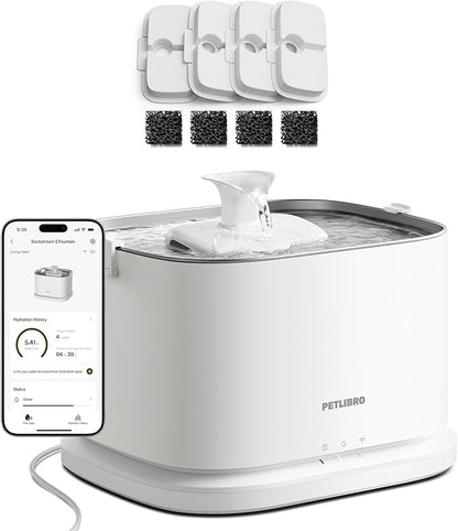 Bundle of PETLIBRO Dog Water Fountain Stainless Steel Tray with 4 Packs Fountain Filter Replacement, Smart Pet Water Fountain for Dogs Inside with App Monitoring, 3L Dog Fountain Water Bowl
