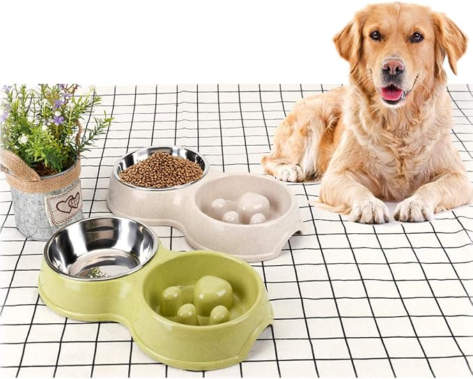 Tineer Double Pet Dog Slow Feeder Bowl,Stainless Steel Anti-Choke Puppy Food and Water Feeder for Dog Cats (Pink)