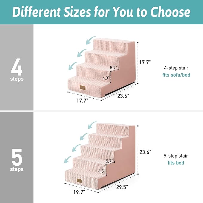 Dog Stairs for Small Dogs 5-Step, 19.7" Extra Wide Right-Angle Pet Stairs for Couch and Beds, Anti-Slip Dog Steps for Old Cats and Lowrider, 19.7x29.5x23.6 inch, Pink