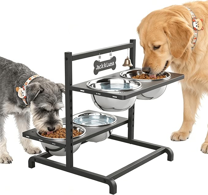 Elevated Dog Bowl Stand with 4 Stainless Steel Bowls (1700ml/58oz) – 9 Height Adjustable Raised Pet Feeder from 4.9" to 14.5" for Large Dogs & Multi-Pet Homes, with Bone Name Tag