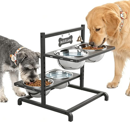Elevated Dog Bowl Stand with 4 Stainless Steel Bowls (1700ml/58oz) – 9 Height Adjustable Raised Pet Feeder from 4.9" to 14.5" for Large Dogs & Multi-Pet Homes, with Bone Name Tag