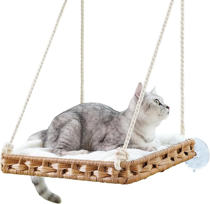Cat Window Perch 2 Pack,Cat Window Hammock Bed for Indoor Cats,Large Handwoven PE Rattan Window Seat,4 Suction Cups,Double Sided Washable Cushion Bed,2.3 Inch Fence Shelf, Pet Kittens Natural