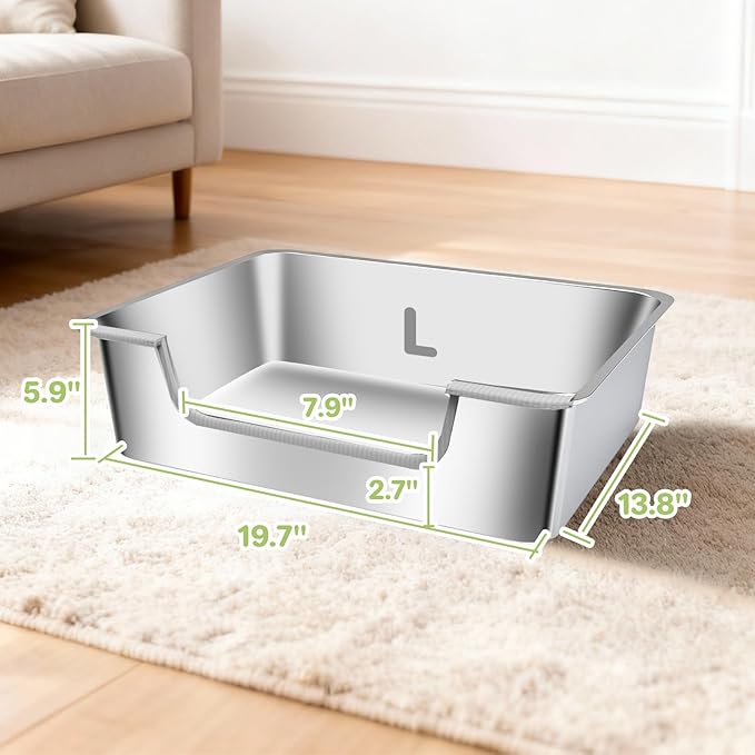 2-Pack Low Entry Litter Box for Senior Kittens Disabled Cats - Stainless Steel High Sided Enclosed Easy Step in Entry - Large Metal Kitty Litter Box Easy to Clean (19.7"x13.8"x5.9")