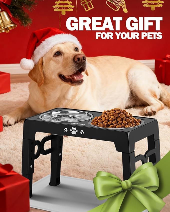 Elevated Dog Bowls for Medium Size Dogs with Mat, Non-Slip Dog Feeder with 1*Stainless Steel Dishes & 1*Slow Feeder Bowl, 5 Heights Adjustable Raised Bowls for 3.15″-8.66″-9.84″-11.02″-12.2″