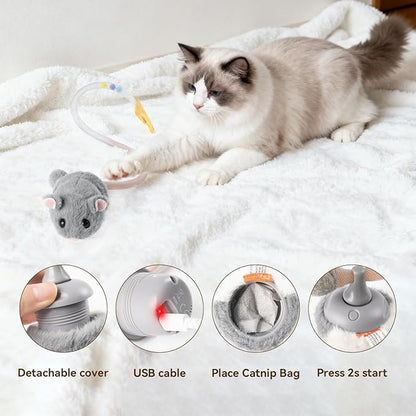 Migipaws Interactive MigiMouse Cat Toy 360° Rolling & Spin with Mesh Plastic Tail for Indoor Cats Smart Motion Sensor, Realistic Squeak, Rechargeable Plush Kitten Toy(Grey)