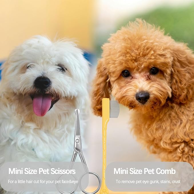 JGocot Dog Tear Stain Remover Comb for Small Doggy and Cats Pet Grooming Tool with Round Tip Stainless Steel Mini Scissor for Pet Facial Eye Area