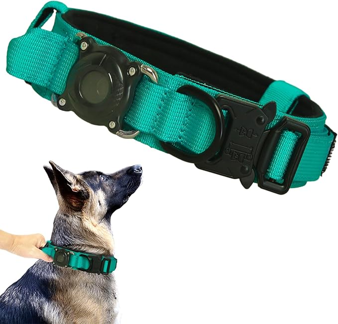 Xqpetlihai Upgraded AirTag Dog Collar Waterproof Tactical Dog Collar with AirTag Holder Heavy Duty Dog Collars for Large Dogs (Teal，XL