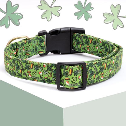 Faygarsle St Patrick's Day Dog Collar Cute Holiday Collar for Small Medium Large Dogs Green Trefoil Print Lucky Straw Cotton Dog Collar M