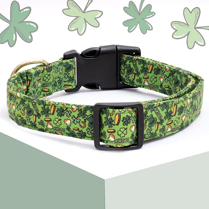Faygarsle St Patrick's Day Dog Collar Cute Holiday Collar for Small Medium Large Dogs Green Trefoil Print Lucky Straw Cotton Dog Collar L