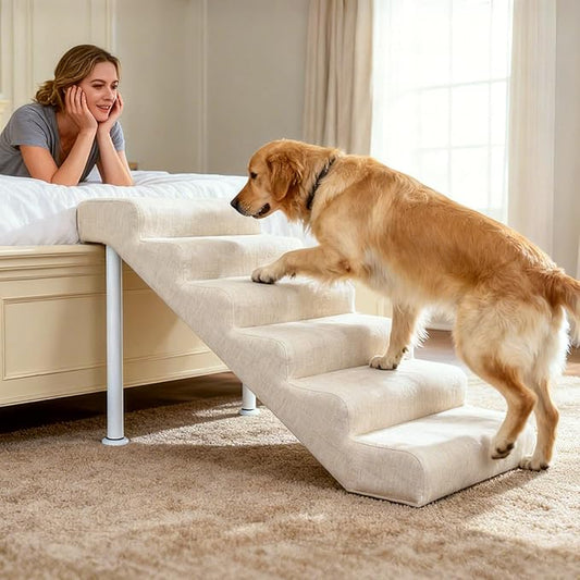 Leather Dog Stairs, 19.7" Extra Wide Dog Steps for Bed & Sofa, Adjustable Height 22.44"-32.28” Pet Ramp for Small to Large Dogs, Holds Up to 150 lbs（6-Step）
