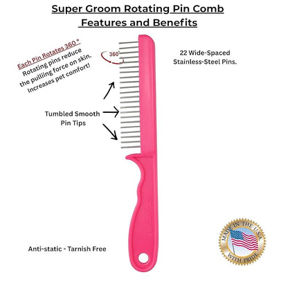 Super-Groom Combs with Smooth Rotating Teeth for Painless Mat Removal (French Rose Pink, 30 Fine-spaced Teeth)