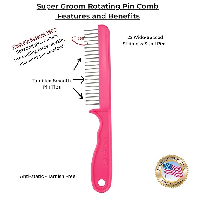 Super-Groom Combs with Smooth Rotating Teeth for Painless Mat Removal (French Rose Pink, 22 Coarse-teeth)