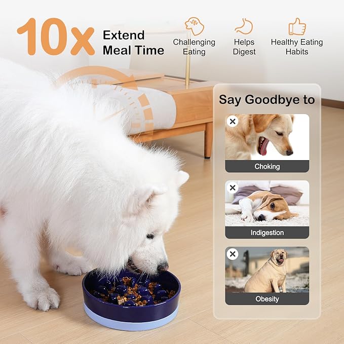 Sted Ceramic Slow Feeder Dog Bowls for Medium Large Breed, Slow Feeding Dog Bowl, Dogs Food Bowls for Fast Eaters, Puzzle Dogs Food Bowl with Silicone Base, Maze Blue