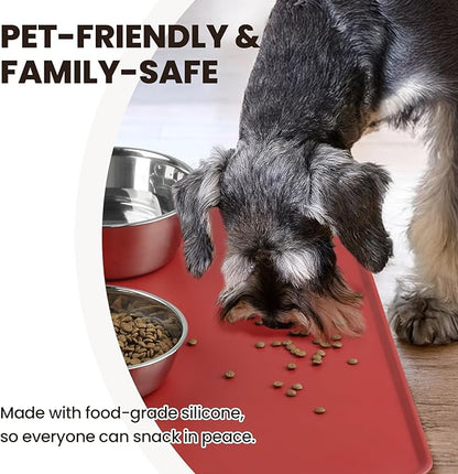 VIVAGLORY Dog Food Mat Flexmat Dog Bowl Mat, Placemat Food Tray with Raised Edges & Lip for Indoor Floor, Non Slip Waterproof Silicone Dish Placemat for Cat & Pet, L, Burgundy