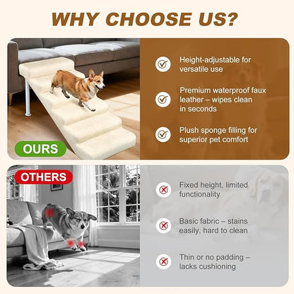 Adjustable Dog Stairs & Ramp for Cats and Dogs, 6-Step Pet Stairs for High Beds and Couch, 21.2"–24.4" Height, Linen Faux Leather, Waterproof, Scratch-Resistant, Non-Slip Indoor Pet Ramp