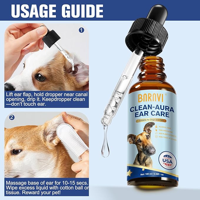 BARAVI Clean Aura Ear Care for Dogs & Cats - 3.38 fl oz (100ml) Natural Formula, Nourish & Soothe Pet Ear Comfort (Blue, S)