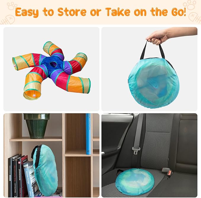 Depets Cat Tunnel and Toy Set, 5-Way Tube with Play Ball and 15 Pcs Interactive Feather Toys for Cats & Kittens