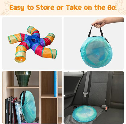 Depets Cat Tunnel and Toy Set, 5-Way Tube with Play Ball and 15 Pcs Interactive Feather Toys for Cats & Kittens
