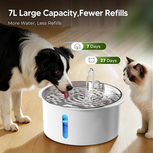 Pektaco Dog Water Fountain for Large Dogs, 1.8Gal/7L Pet Water Fountain, Dog Water Bowl Dispenser with Viewing Window & LED, Super Quiet, Stainless Steel Tray Easy Clean BPA-Free(with 3 Filters)