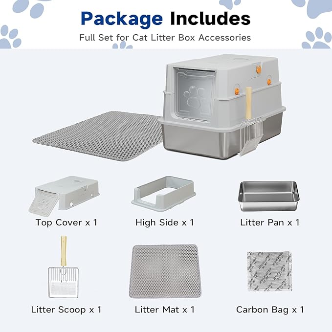 TENTIZON Stainless Steel Cat Litter Box with Lid, Large Covered Enclosed Kitty Litterbox with Hood, Flip Top, High Side, Litter Mat, Scoop for Big Cats, Kitten, No Odor, No Mess, Easy Clean, Grey