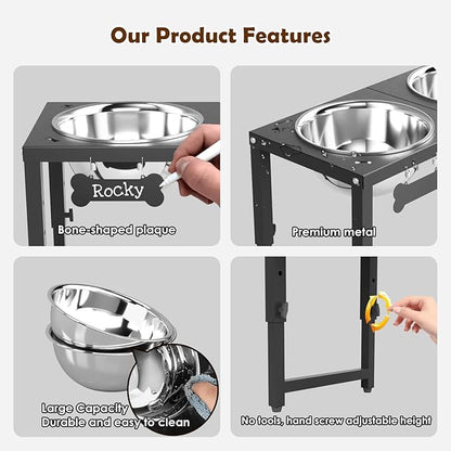 SHAINFUN Elevated Dog Bowls for Large Dogs, 3 Height Adjustable，Raised Tall Dog Food Water Bowl Stand with Two 101oz Bowls