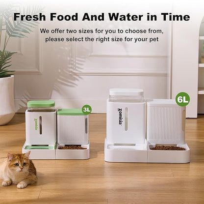 ZOMISIA Gravity Cat Feeder and Water Dispenser, 2 in 1 Cat Self Feeder with 180 Degree Rotatable, Automatic Feeding Large Capacity for Small Medium Dog Puppy Kitten, White & Green, 0.8 Gallon x 2