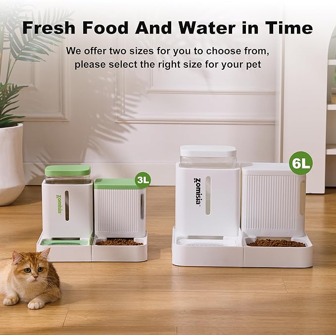 ZOMISIA Gravity Cat Feeder and Water Dispenser, 2 in 1 Cat Self Feeder with 180 Degree Rotatable, 2 Pack Automatic Feeding Large Capacity for Small Medium Dog Puppy Kitten, White, 0.8 Gallon x 2