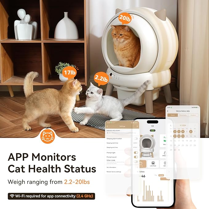 Self Cleaning Litter Box - E2 Automatic Cat Litter Box Smart Self Cleaning Robot for Cats, Double Safety Protection, App Control, 2 Roll Garbage Bags & Mat