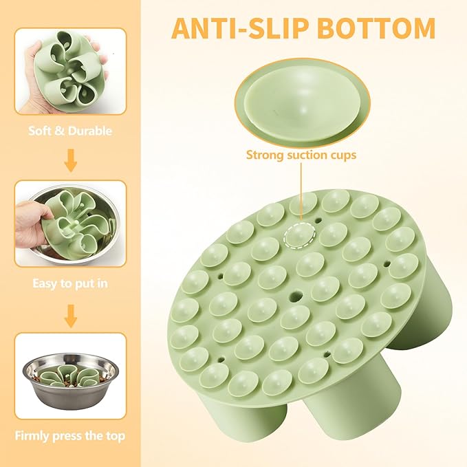 Slow Feeder Dog Bowls Insert, Bestalk Soft Silicone Slow Eating Dog Bowl Insert with Suction Cups for Small, Medium and Large Dogs(Green L)
