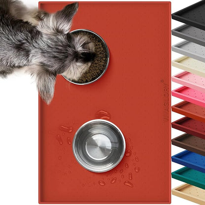 VIVAGLORY Dog Bowl Mat Grippymat Pet Food Mat, Waterproof Washable Nonslip Silicone for Pet & Cat, Food and Water Placemat with Lip & Raised Edges for Indoor Floor, L, Orange