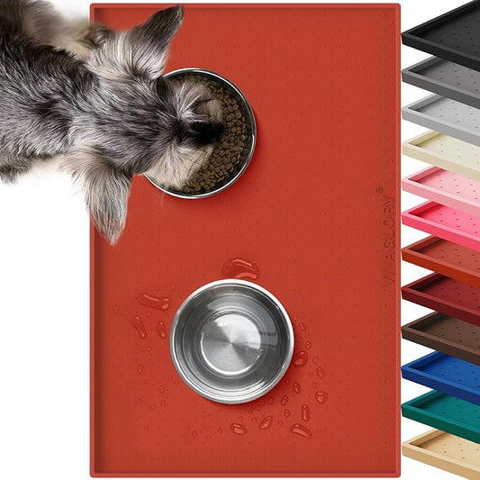 VIVAGLORY Dog Bowl Mat Grippymat Pet Food Mat, Waterproof Washable Nonslip Silicone for Pet & Cat, Food and Water Placemat with Lip & Raised Edges for Indoor Floor, L, Orange