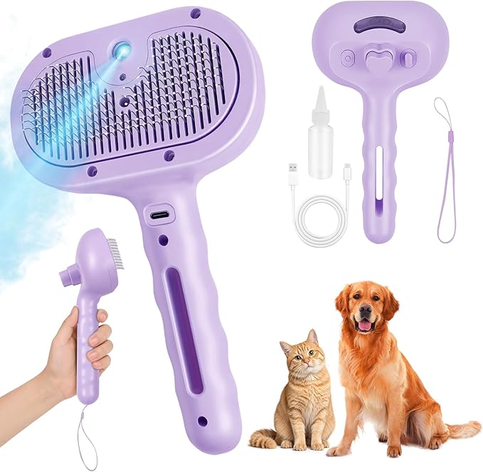 Dog Cat Steam Brush With UV Light, 3 in 1 Release Button Self-Cleaning Grooming Brush for Pets Cats Dogs, Hair Massaging Shedding for Small Animals Long Short Haired - Purple