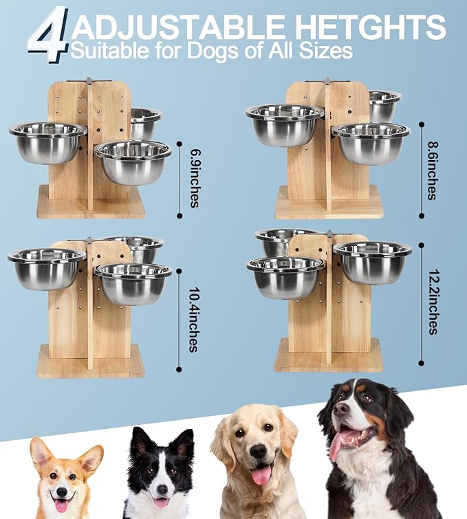 handrong Elevated Dog Bowls,4 Heights Raised Dog Bowl,4 Dogs Bowls Elevated,Wood Dogs Food Bowl,4 Sided Pet Feeding Station for Small,Medium Large Sized Pet-47.3oz