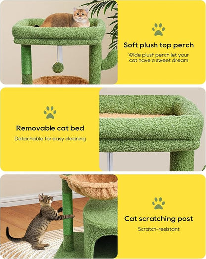 SYANDLVY Cactus Cat Tree for Indoor Cats, Green Activity Cat Tower with Scratching Post for Kittens, Modern Cat Furniture with Basket & Hanging Ball for Play Rest