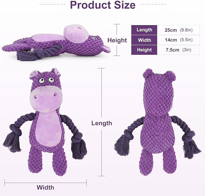 Dog Toys, Dog Squeaker Toys with Crinkle Paper, Stuffed Animal Dog Plush Chewing Toy, Cotton Rope Interactive Toys for Puppy, Small, Middle Dogs (Purple Hippo)