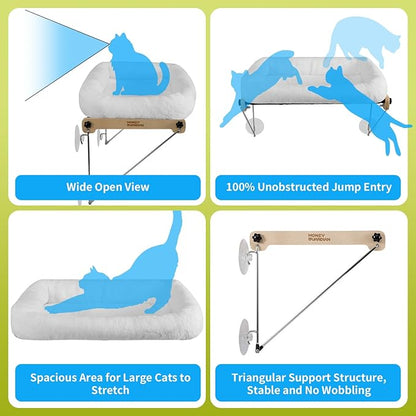 HoneyGuardian Cat Window Prech,Metal Support from Below with 4 Suction Cups, with Plush Cushion, Cat Window Hammock for Large Cats and Kittens