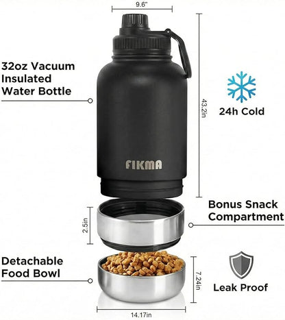 Insulated Dog Water Bottle with 2 Bowls, 32oz Insulated Stainless Steel Travel Bottle for Pets, Leak-Proof Portable Design for Hiking, Camping & Travel (Black)