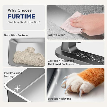 FURTIME 2 Pack Stainless Steel Cat Litter Box with Lid, Metal Kitty Litter Box for Small Cats, Kitten Litter Boxs with Non-Sticky, Anti-Leakage, Easy to Clean, 17"x13"x8.4" (Small)