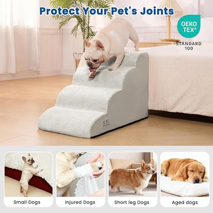 Dog Steps for Bed, 4 Step Pet Stairs for Small and Medium Dogs, Non-Slip Dog Ramp with Washable Cover, High-Density Support Foam for Easy Climbing,Light Grey