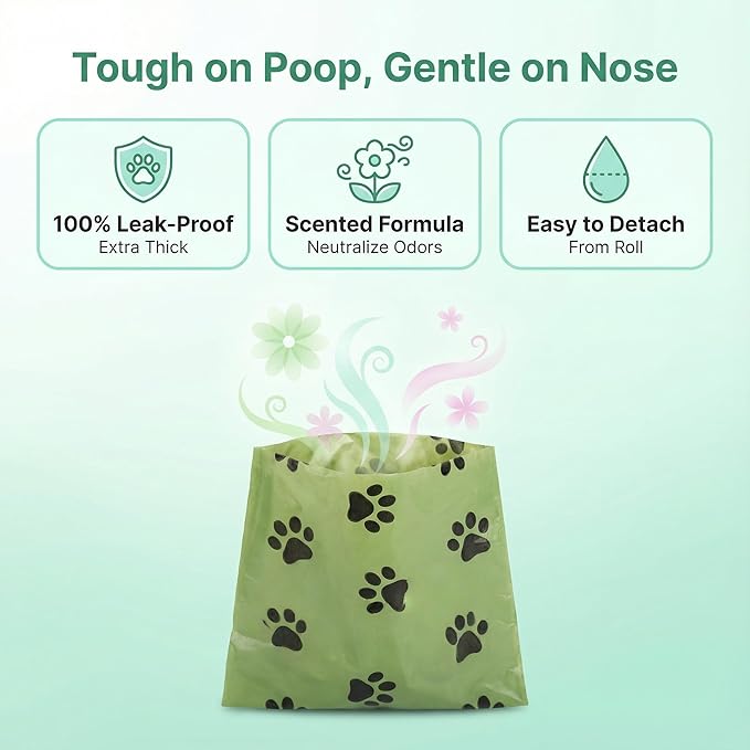 QMEAKMONY Dog Poop Bag Set with Funny 3D Poop Dispenser - 360 Bags (24 Rolls, 15 pcs/Roll), Scented Odor-Neutralizing, Hands-Free holder for Leash/Backpack, Meets Months of Use. (360 Counts)