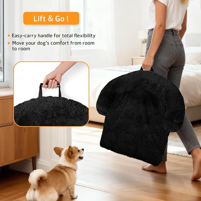 GGIB Calming Dog Bed Fluffy Plush Dog Mat for Furniture Protector with Removable Washable Cover for Large Medium Small Dogs and Cats (Medium, Black)