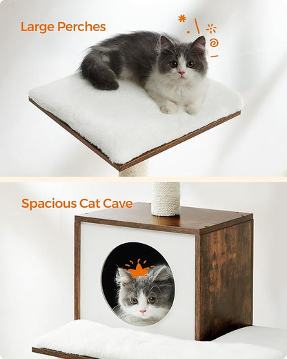 Feandrea Cat Tree, 56.3-Inch Modern Cat Tower, Multi-Level Plush Condo with Scratching Posts, Hammock, Washable Cushion, Rustic Brown UPCT164X01