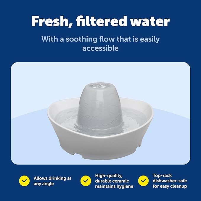 PetSafe Ceramic Pet Fountain – for Cats and Small Dogs – 60 Oz Water Capacity – Whisper-Quiet Water Flow – Great for Shy or Timid Pets – Fresh, Filtered Water