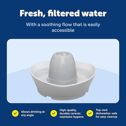 PetSafe Ceramic Pet Fountain – for Cats and Small Dogs – 60 Oz Water Capacity – Whisper-Quiet Water Flow – Great for Shy or Timid Pets – Fresh, Filtered Water