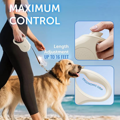 TUG Quest Retractable Dog Leash | 360° Tangle-Free Retraction | 16 ft Strong Nylon Tape (Small, Cream)