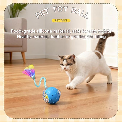 Interactive Cat Toys for Indoor Cats with 3 Interchangeable Tails - Automatic Moving & Chirping Ball, Self Play Toy for Playful Kittens & Bored Cats Home Alone, Easter Basket Essentials (Red)