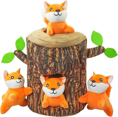 Hide and Seek Dog Toys Squeaky Fox Plush Toy with Crinkle Trunk, Interactive Dog Toy to Keep Them Busy Pet Teeth Clean Chew Toys for Small & Medium Dogs (Tree Trunk Hideout with 4 Fox)