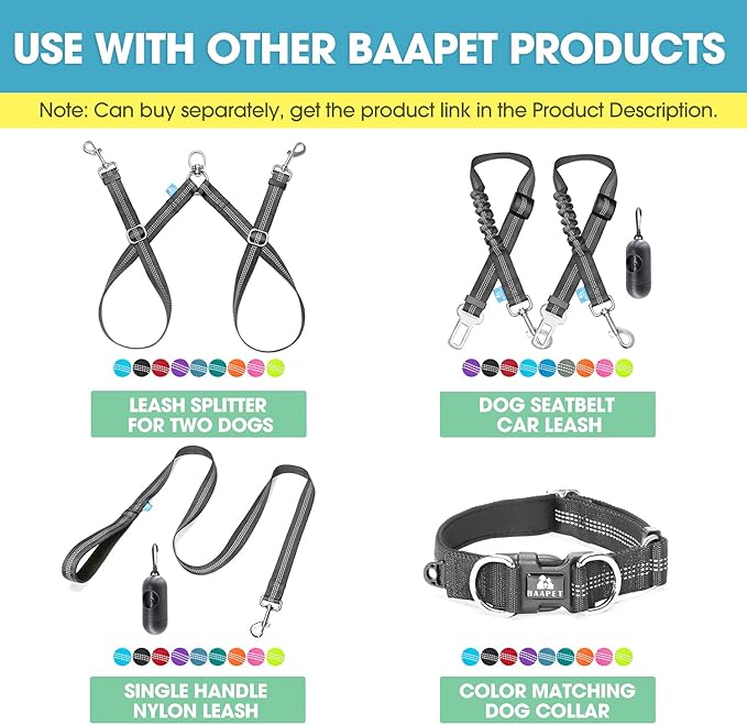 BAAPET Two Handle Dog Leash, Dual Soft Padded Handles with Traffic Control Handle Leash for Small Medium or Large Dogs (1.0'' x 5 FT, Black)